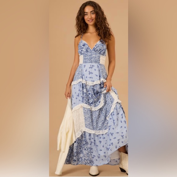 NWT Altar’d State Aderny Patchwork Floral Maxi Dress In Dusty Blue Color